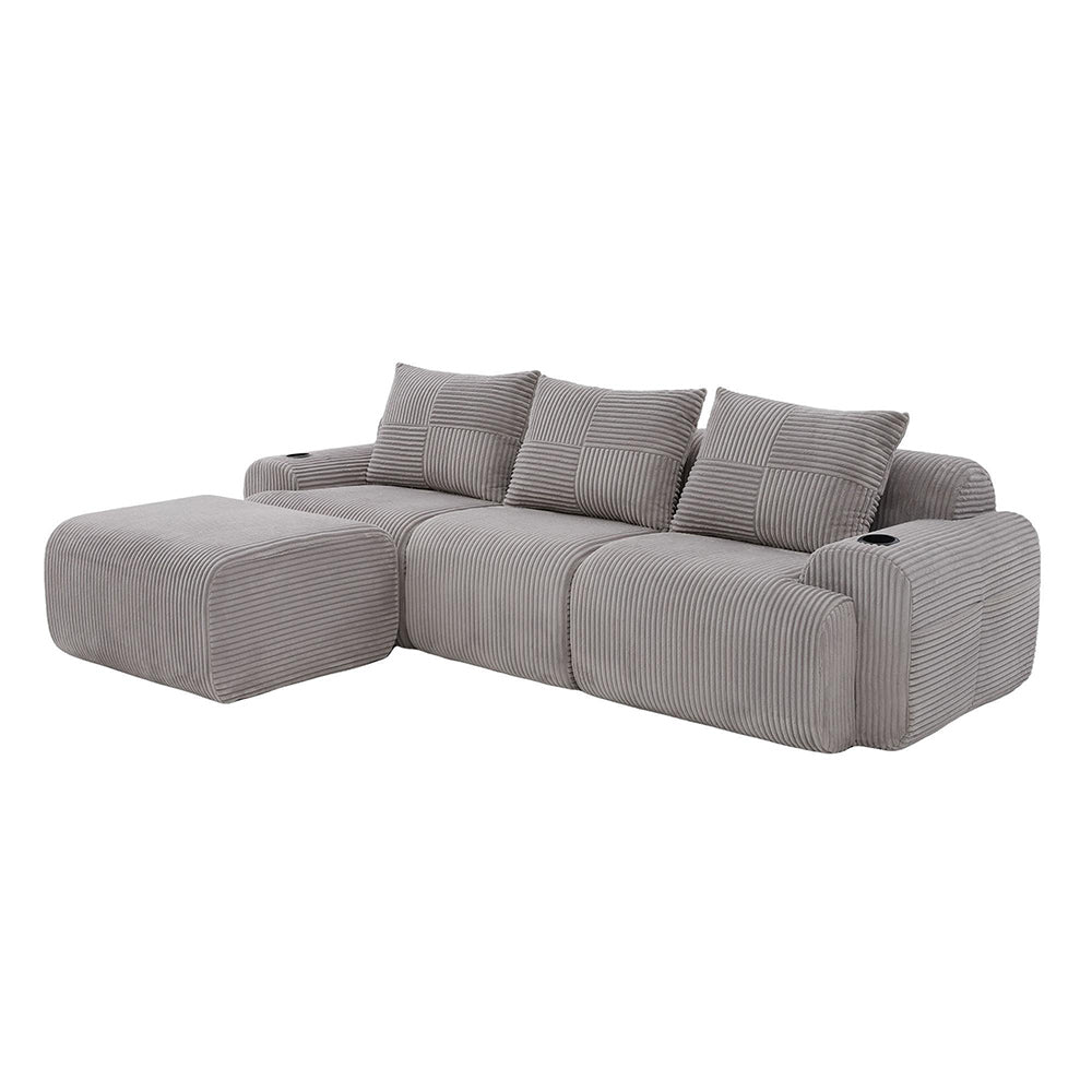 Canap¨¦ modulabile in velluto costato 3 posti - Xylo - Grigio chiaro con porta-bevande e tasche laterali