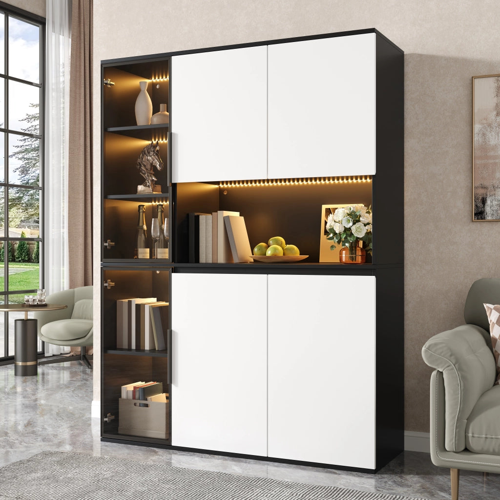 Credenza e madia con LED, 2 ante in vetro e vani contenitore, per soggiorno e sala da pranzo, 120 × 40 × 160 cm