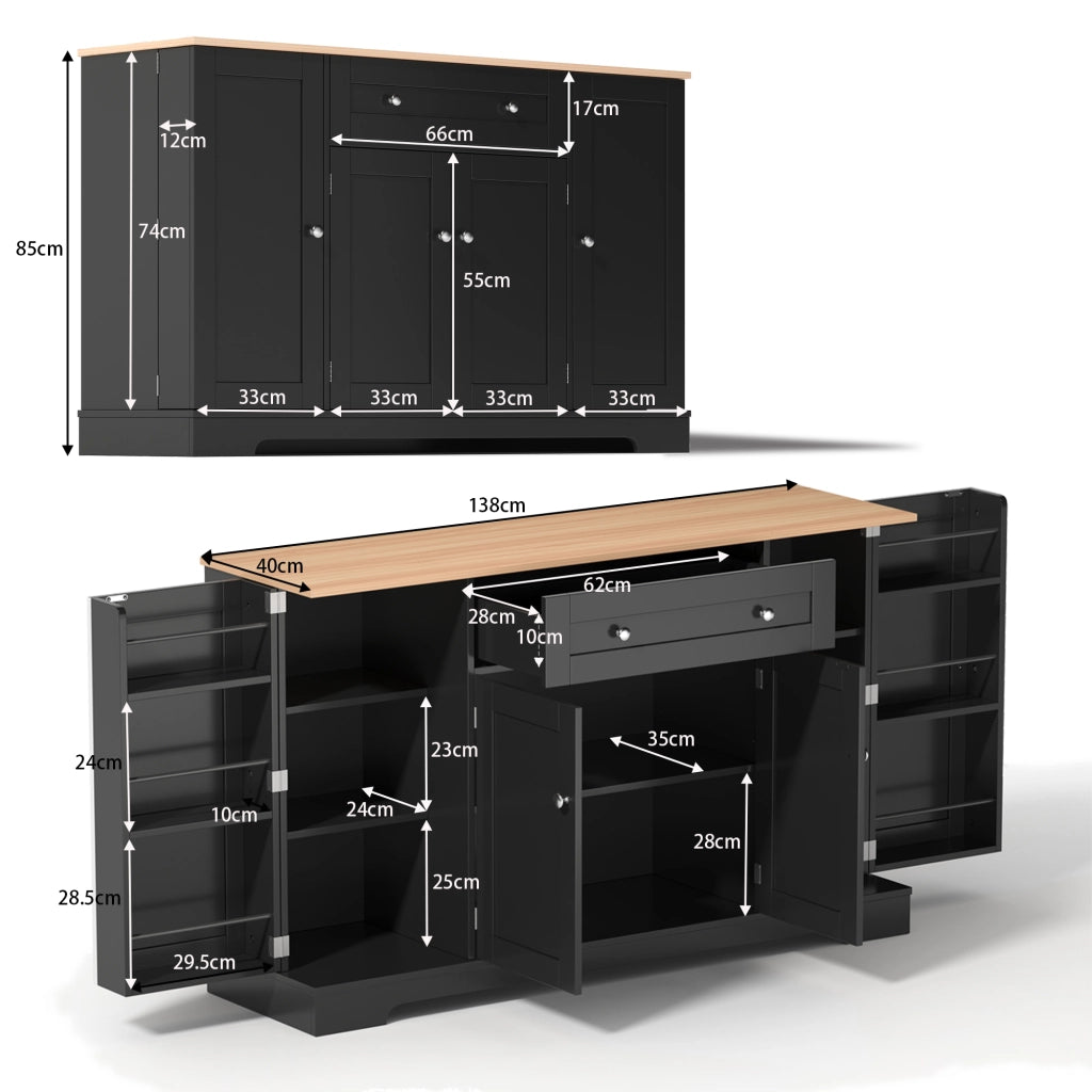 Credenza 138x40x85 cm Nera con Cassetto; Armadietti; Ripiani Regolabili e Portaoggetti sulle Ante