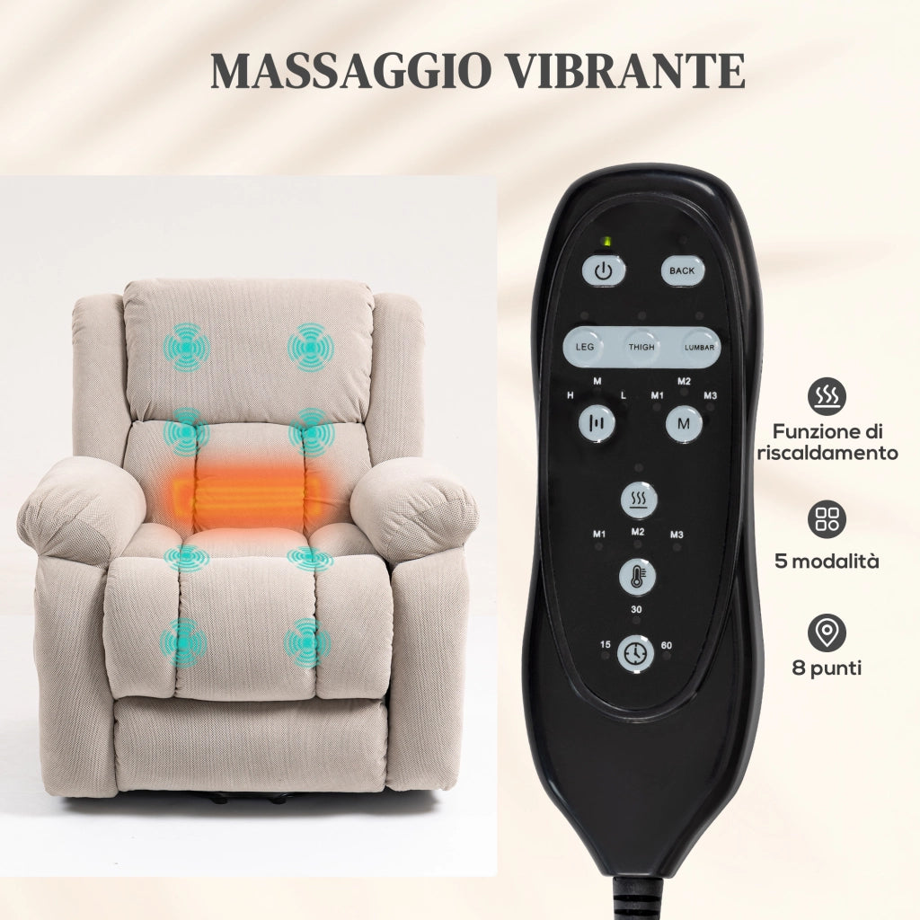 Poltrona Alzapersona Massaggiante Reclinabile con Telecomando ¨C Xylo ¨C Tessuto Beige 93x104x105 cm