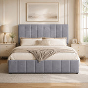 Letto matrimoniale imbottito 140x200 cm con contenitore; meccanismo idraulico e velluto grigio