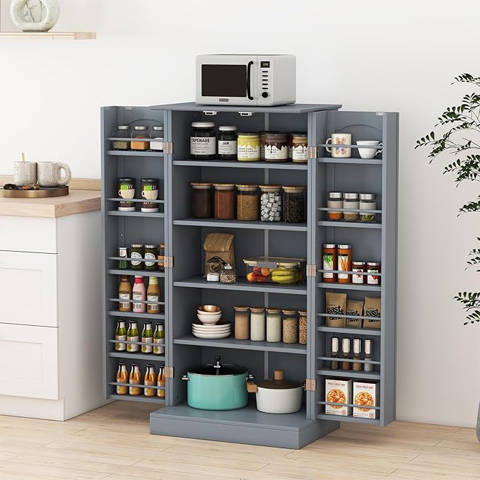 Credenza da Cucina, Mobile da Cucina Moderno con 6 Ripiani Regolabili, per Cucina, Sala da Pranzo e Soggiorno, 60 x 40 x 120 cm (Grigio)