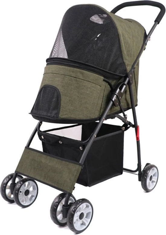 Carriolo per Animali - Buggy per Cani - Inclinabile - Con Cestino per Spesa - Incl. Finestra a Reticolato/Parasole - Chiusura Ermetica - Con Frizione - Con Pignone - Verde