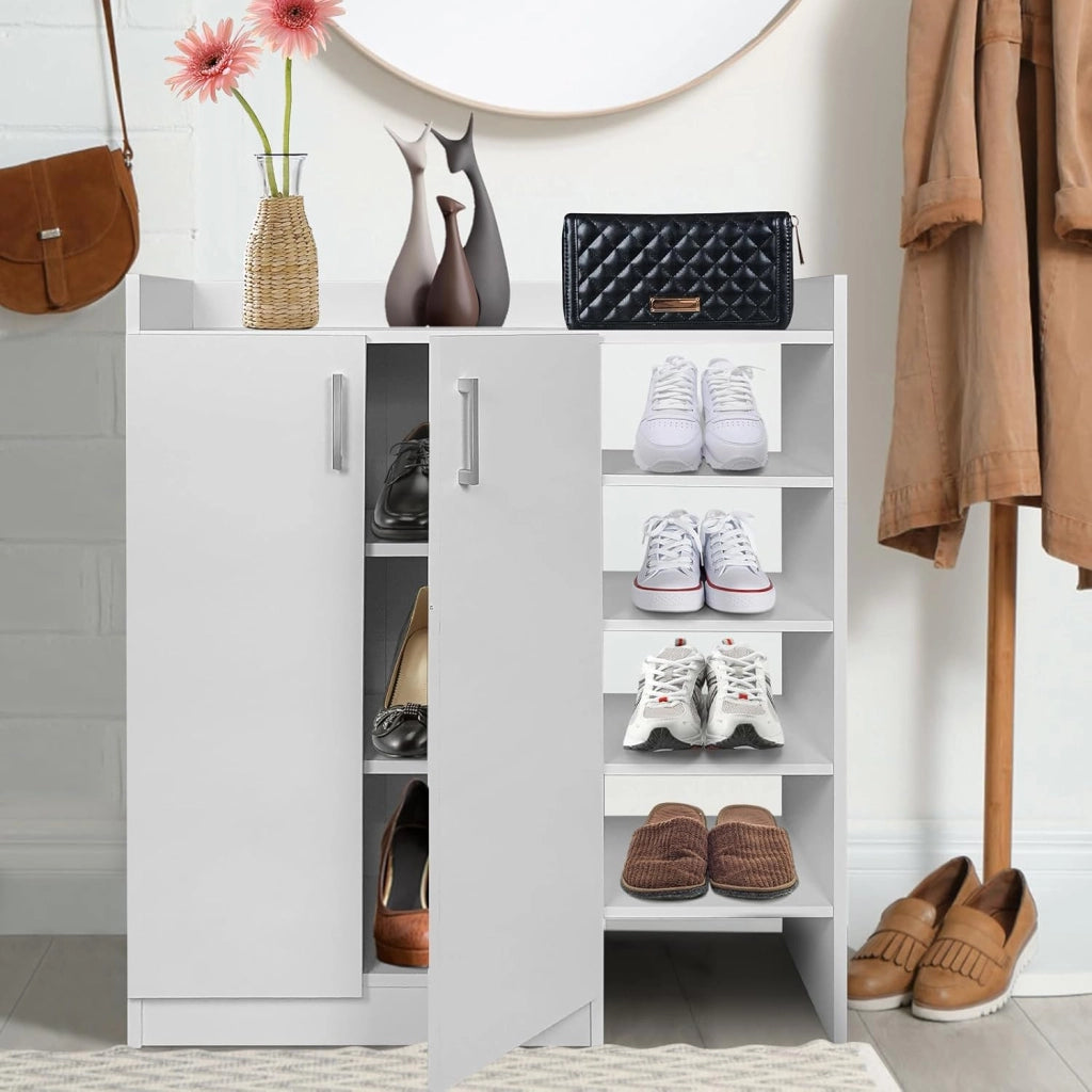 Mobile scarpe con ampio vassoio, armadio chiuso, 2 ripiani interni regolabili e 4 ripiani aperti, armadio a scarpe stile moderno per ingresso, corridoio, soggiorno (bianco)