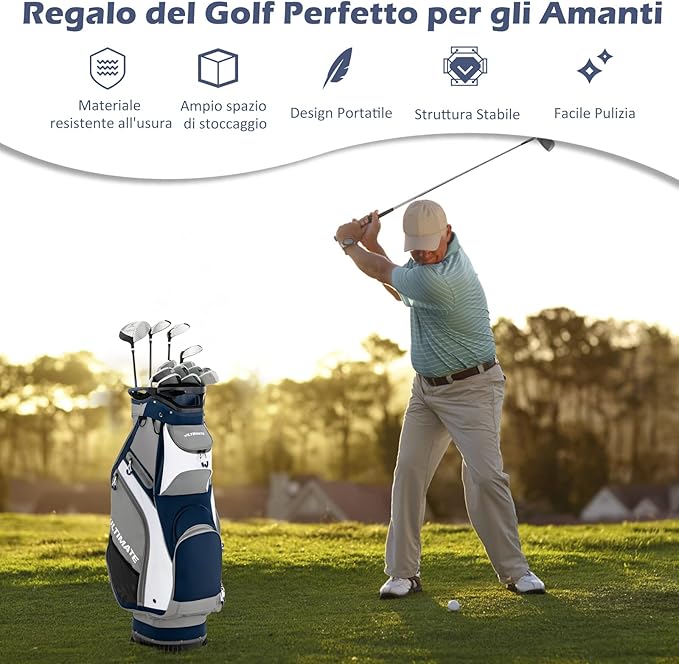 Borsa da Golf Portatile con 14 Divisori Superiori a Tutta Lunghezza, 7 Tasche con Cerniera, Cappuccio Antipioggia, Tracolla, Manico e Portaombrelli, Ideale per Uomini e Donne (blu e grigio)