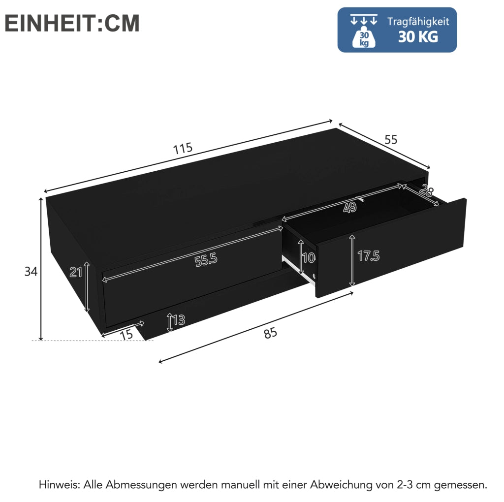Tavolino da caffè moderno nero lucido 115 x 55 x 34 cm con 2 cassetti e LED