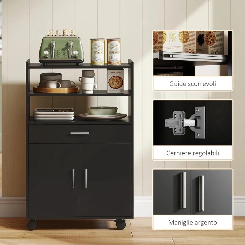 MOBILE MICROONDE IN LEGNO CON CASSETTO, ARMADIETTO A 2 ANTE E 2 RIPIANI, 59X40X92 CM, NERO