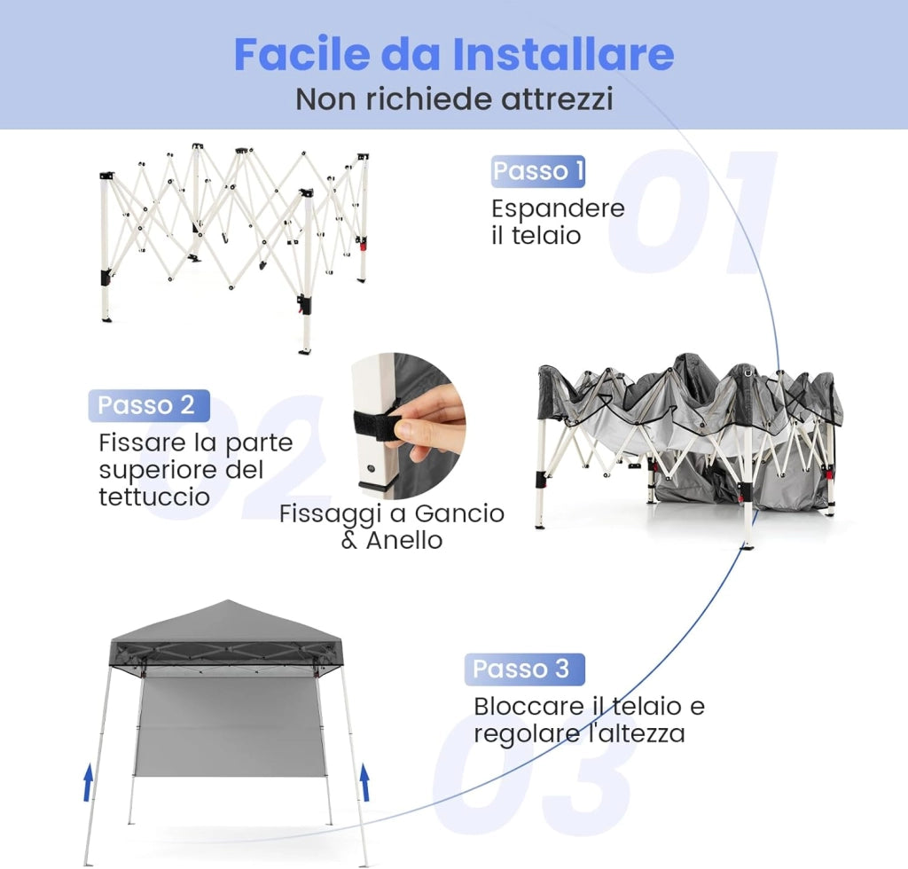 Gazebo Pop-up da Esterno 182 x 182 cm, Gazebo Pieghevole con 1 Parete Laterale, Gambe Inclinabili Regolabili e 4 Picchetti, Tendone Impermeabile per Feste, Campeggio e Picnic (Grigio)