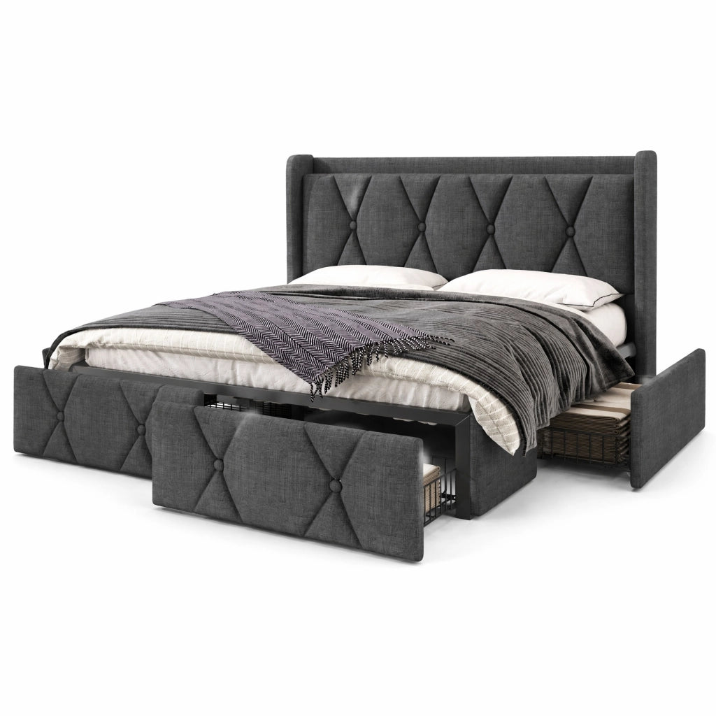 Letto contenitore matrimoniale 140x200 cm in tessuto grigio con 4 cassetti, testiera con prese e USB, senza materasso