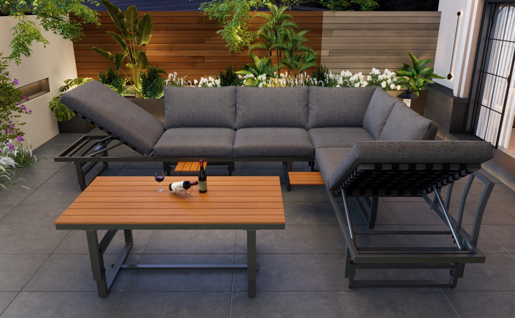 Set mobili giardino 3 pezzi: 2 Divanooi + tavolo; ferro verniciato; schienale regolabile; acacia; cuscini; grigio