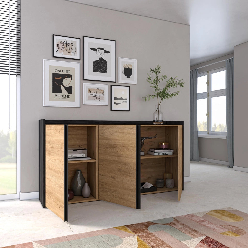Credenza, Mobile, Cucina, 156x80x35 cm, 3 Porte, grande stoccaggio, Rovere e nero