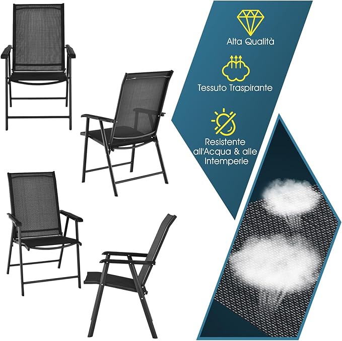 Set di 2 Sedie Pieghevoli, Sedia da Esterno con Struttura in Ferro Resistente, Con Braccioli, Ideale per Campeggio Spiaggia, 68 x 59 x 93cm (Nero)