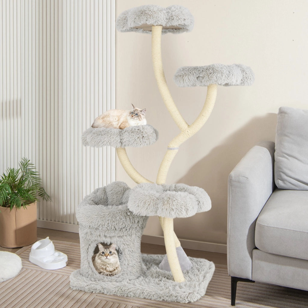 Torre per gatti autoportante tiragraffi in sisal, Albero per gatti con 4 piattaforme a forma di fiore Grigio-Alberi Tiragraffi