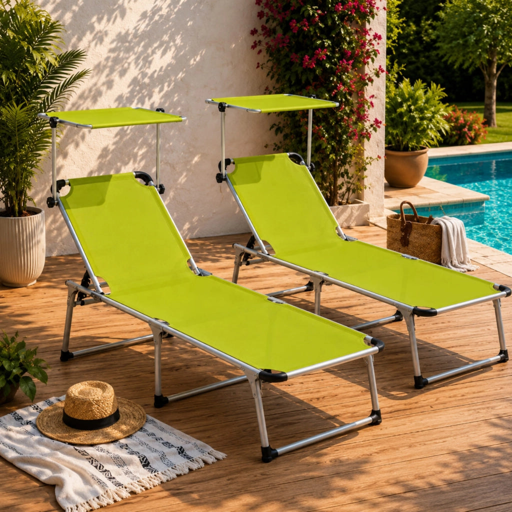 Set 2 Lettini Da Sole Richiudibili Con Tettuccio Ombreggiante Schienale Reclinabile A 6 Regolazioni Struttura Leggera In Alluminio Ideali Per Mare Spiaggia Giardino Piscina 187 x 59 x 29 Cm Verde Fluo