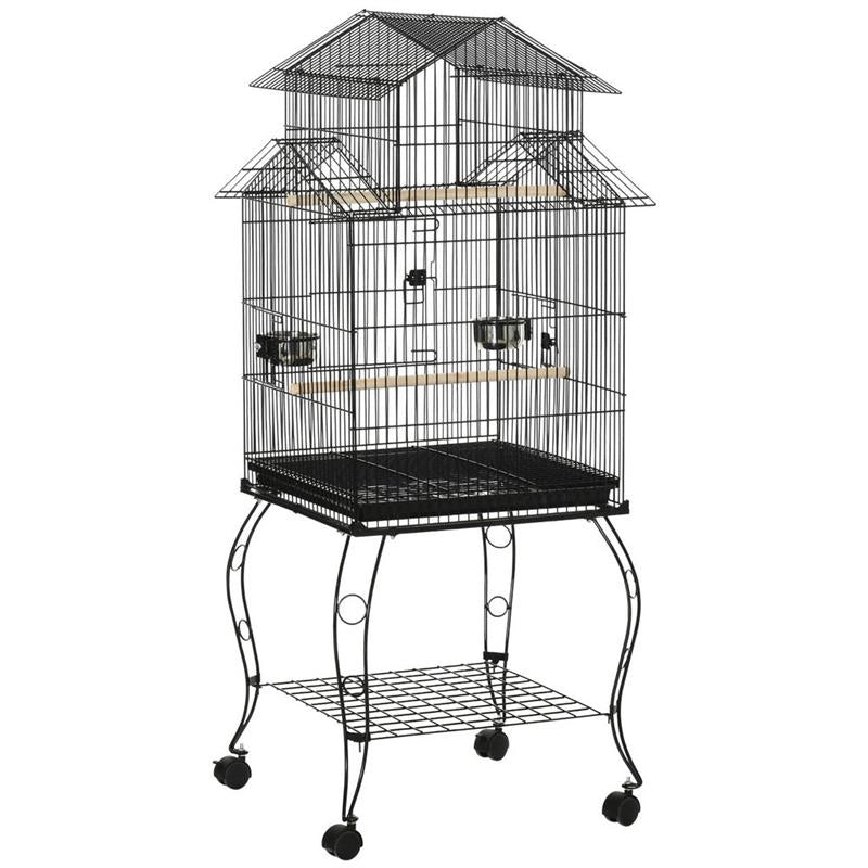 GABBIA PER UCCELLI DA INTERNI IN ACCIAIO E LEGNO CON VASSOIO, 4 RUOTE E TRESPOLO, 50X49X137CM