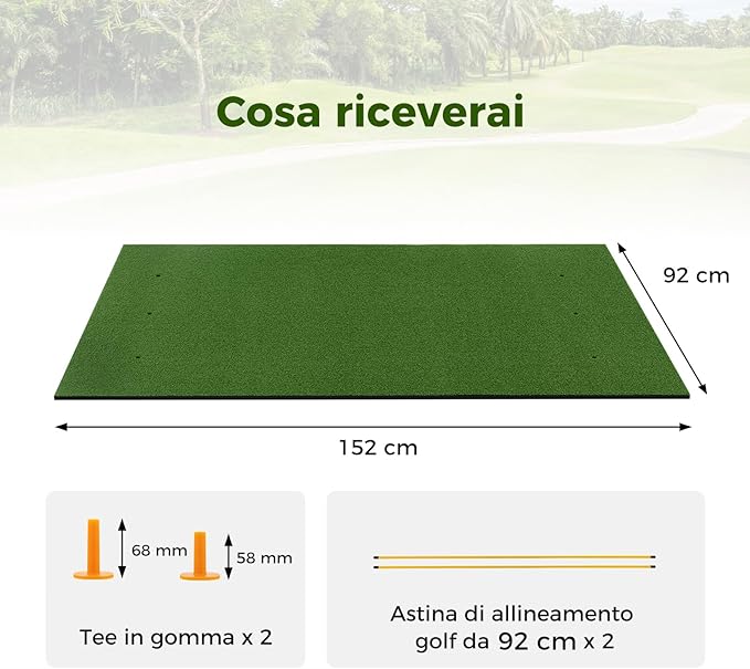 Tappeto da Allenamento Golf 3-in-1, Tappetino da Allenamento in Erba Sintetica con 2 Punte da Golf, 2 Aste di Allineamento e 3 Fori Preforati per le Punte