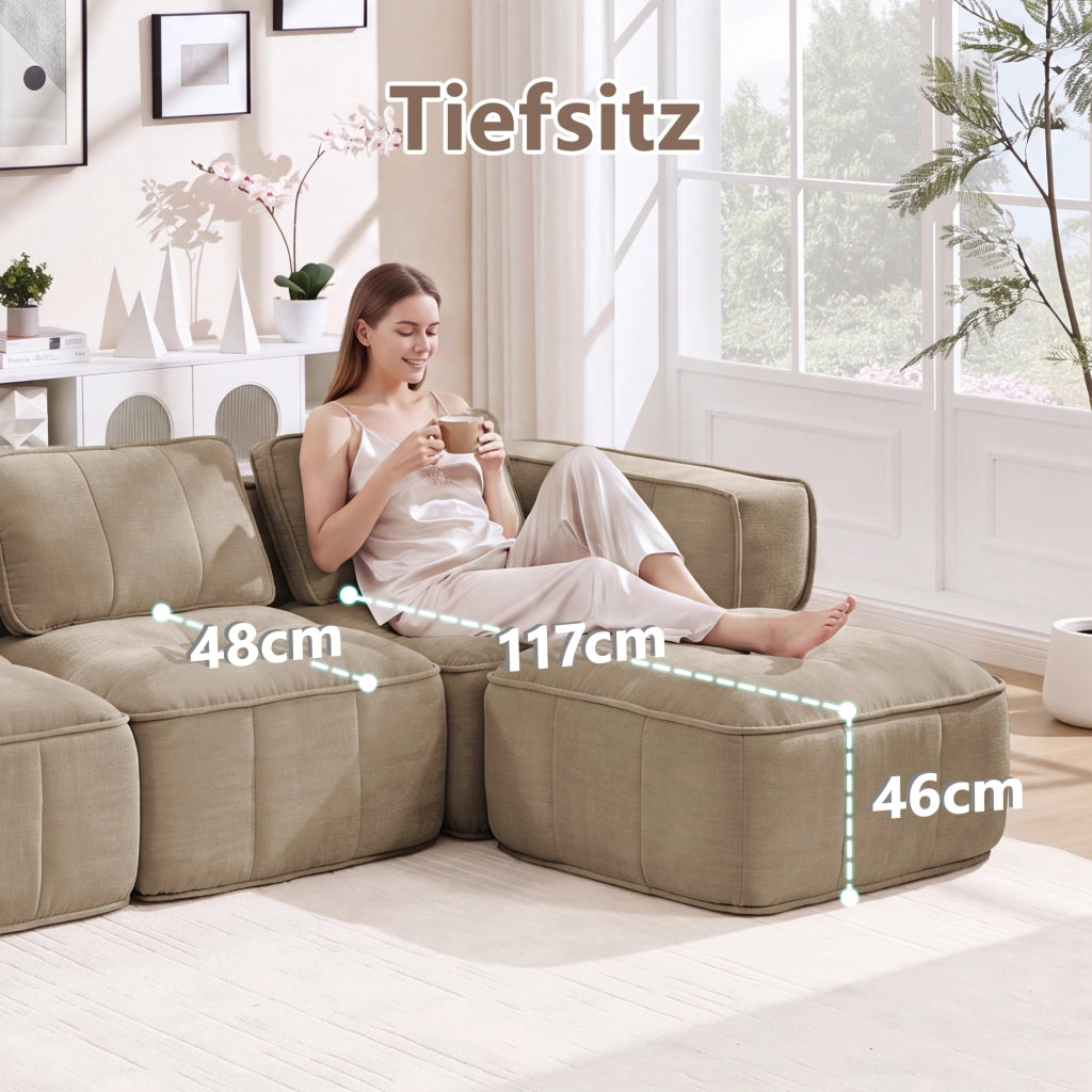 Divano modulare angolare senza struttura con pouf e seduta profonda in poliestere sabbia 344 × 162 × 67 cm
