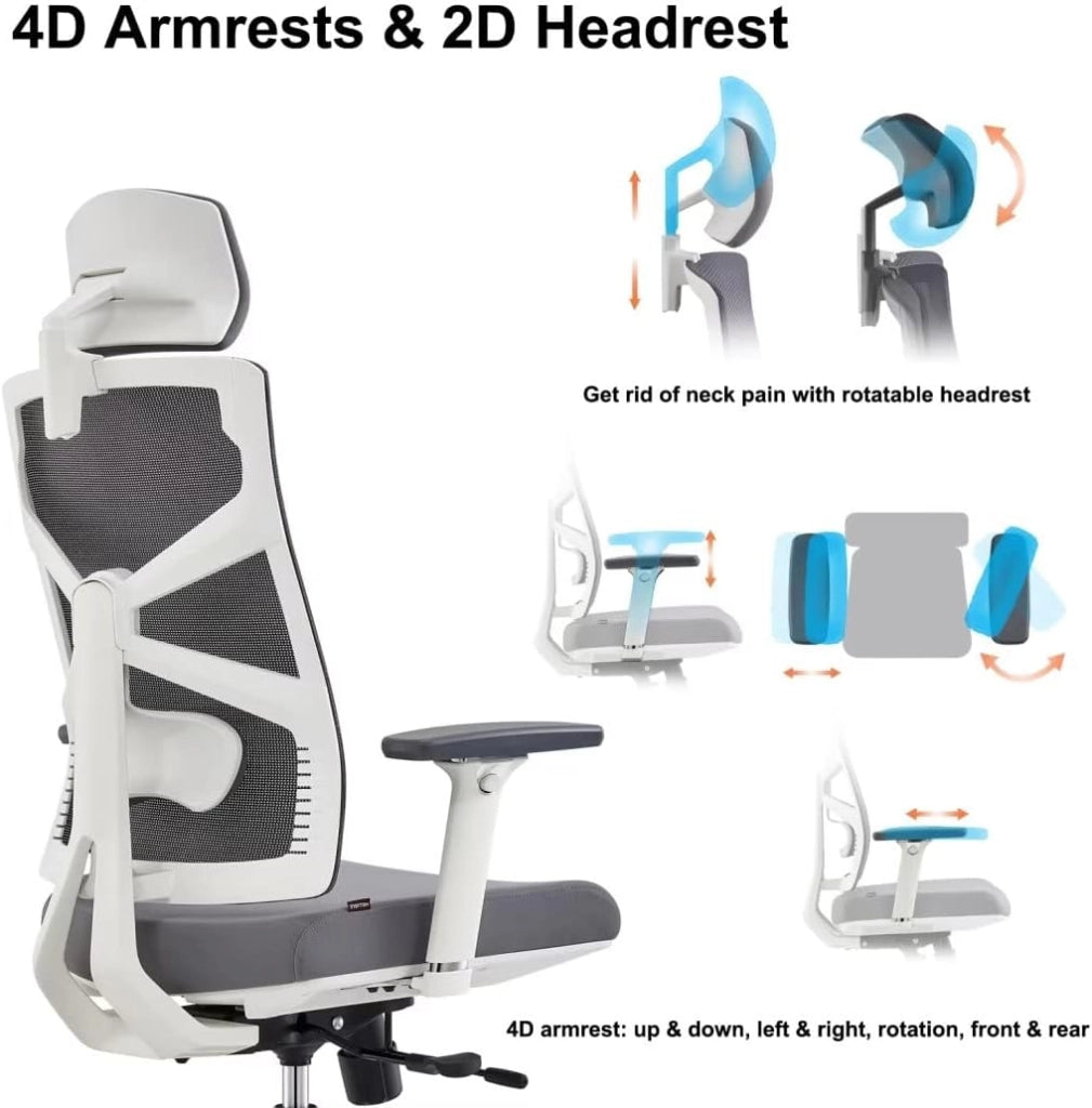 Sedia da Ufficio Ergonomica con Schienale Regolabile, Sedile Regolabile in Profondità, Braccioli 4D, Supporto Lombare e Poggiatesta 2D, Girevole a 360°, Design Moderno, Nera