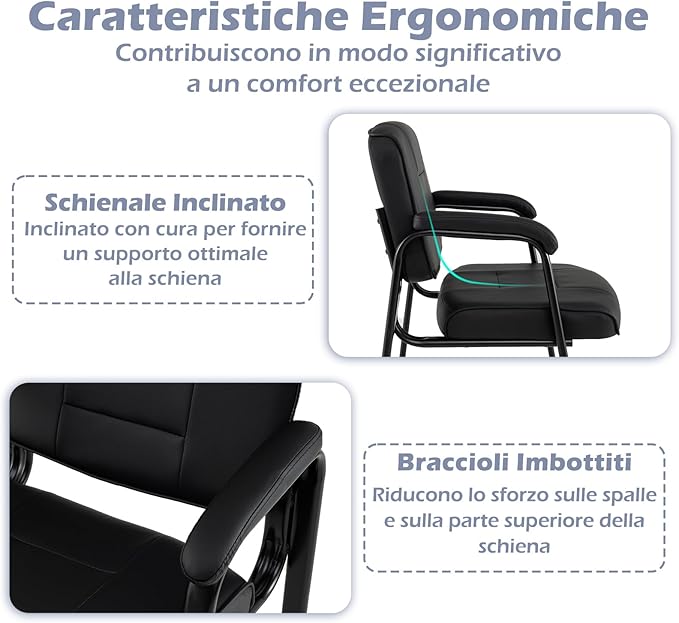 Set di 2 Sedie da Ufficio, Sedia per Sala d'Attesa con Struttura in Metallo, Braccioli Imbottiti, Sedia da Ospiti per Ufficio Riunioni, Portata 180kg (Nero)