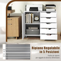 Mobiletto con 5 Cassetti e Anta, Cassettiera per Documenti con 5 Ruote e Ripiano Regolabile, per Soggiorno, Ufficio e Cucina, 79 x 40 x 65 cm (Bianco)