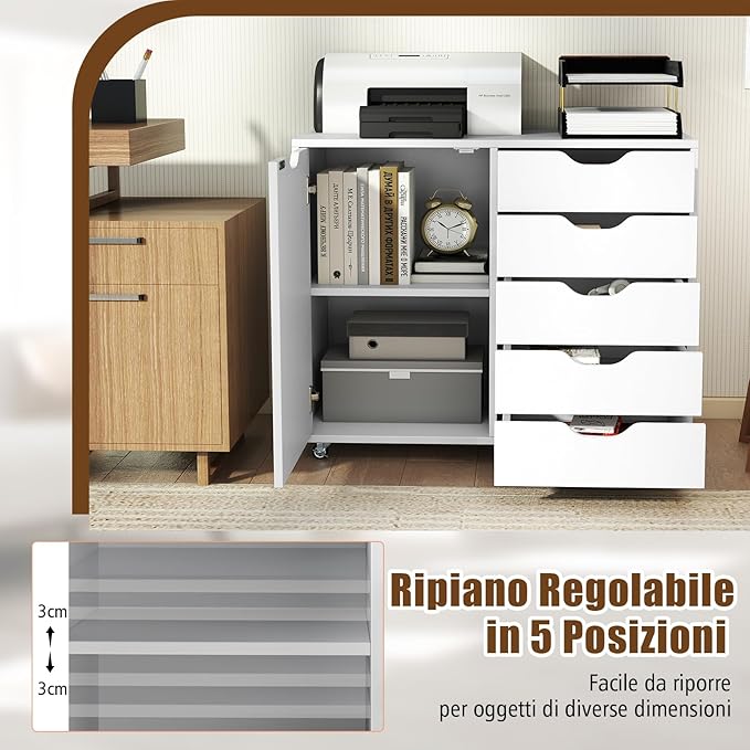 Mobiletto con 5 Cassetti e Anta, Cassettiera per Documenti con 5 Ruote e Ripiano Regolabile, per Soggiorno, Ufficio e Cucina, 79 x 40 x 65 cm (Bianco)