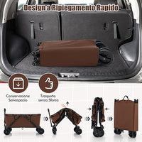 Carrello da Spiaggia Pieghevole, Carrello da Campeggio con Maniglia Regolabile e 360Â° Ruote, Portabottiglie e Tasca Portaoggetti, 170L, per Campeggio, Spiaggia e Giardino (Marrone)