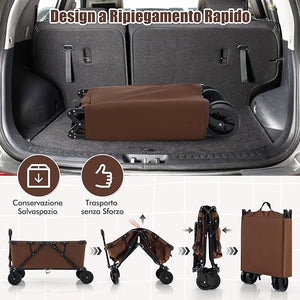 Carrello da Spiaggia Pieghevole, Carrello da Campeggio con Maniglia Regolabile e 360Â° Ruote, Portabottiglie e Tasca Portaoggetti, 170L, per Campeggio, Spiaggia e Giardino (Marrone)