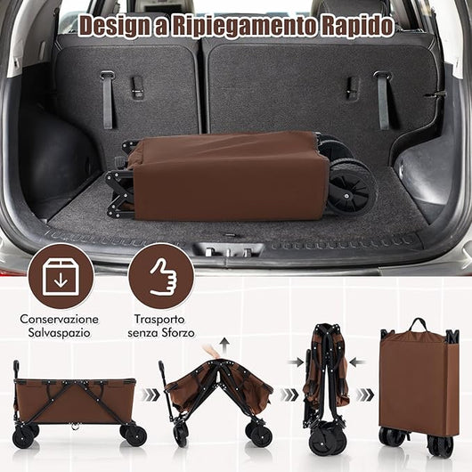 Carrello da Spiaggia Pieghevole, Carrello da Campeggio con Maniglia Regolabile e 360Â° Ruote, Portabottiglie e Tasca Portaoggetti, 170L, per Campeggio, Spiaggia e Giardino (Marrone)