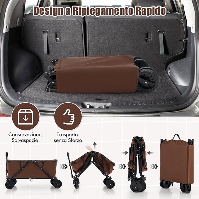 Carrello da Spiaggia Pieghevole, Carrello da Campeggio con Maniglia Regolabile e 360Â° Ruote, Portabottiglie e Tasca Portaoggetti, 170L, per Campeggio, Spiaggia e Giardino (Marrone)