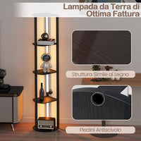 Lampada da Terra Moderna con Mensole, Lampada a Stelo in Legno con 4 Strisce LED Ruotabili, Luminosità Regolabile e Interruttore a Pedale, Scaffale a 4 Ripiani con Luce per Casa