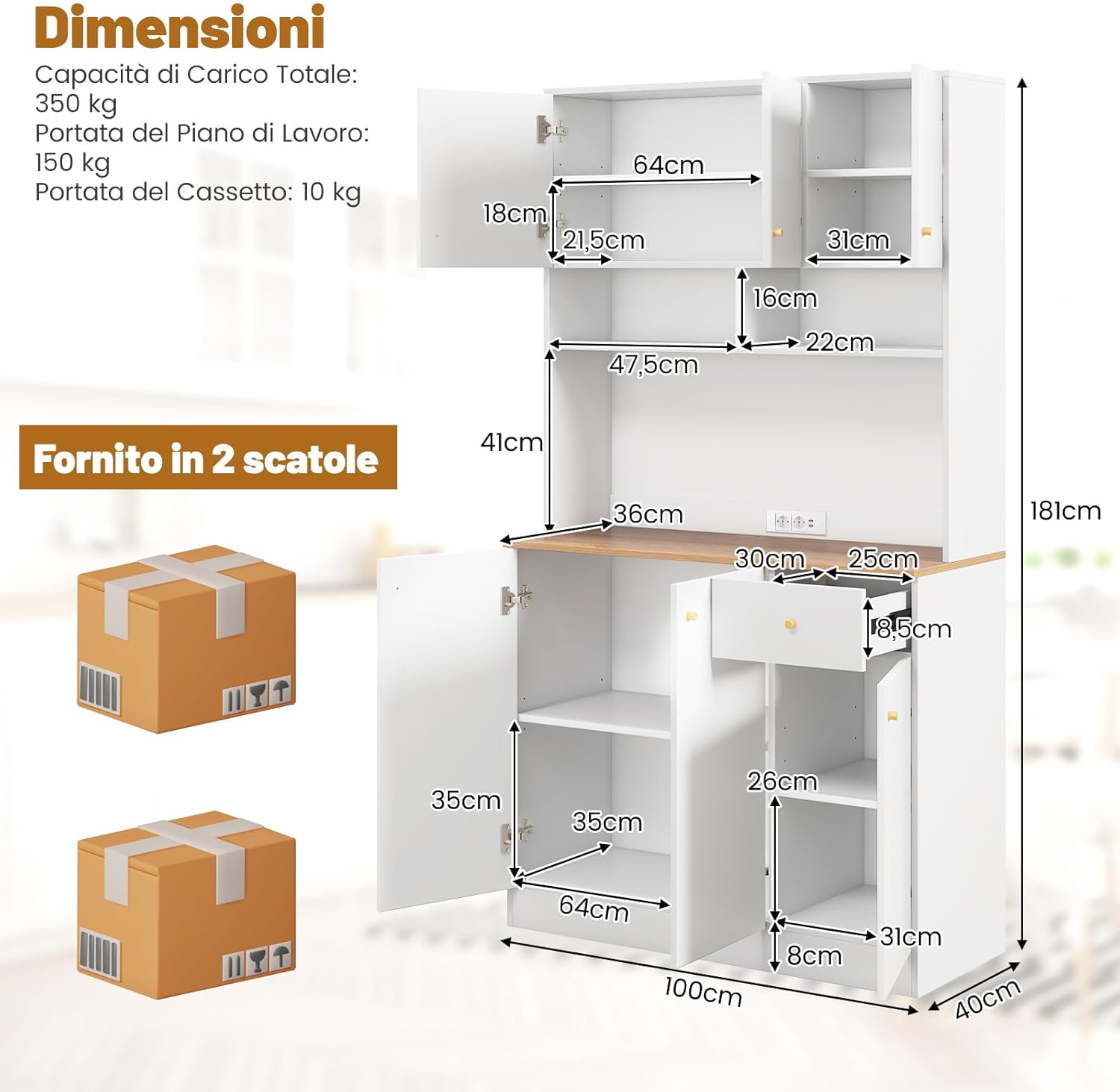 Armadio Dispensa da Cucina, Credenza da Cucina Alta con Ripiani Regolabili in 3 Posizioni, Illuminazione a LED e Presa Elettrica, per Sala da Pranzo, Soggiorno, Cucina, 100 x 40 x 181 cm
