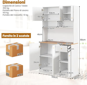 Armadio Dispensa da Cucina, Credenza da Cucina Alta con Ripiani Regolabili in 3 Posizioni, Illuminazione a LED e Presa Elettrica, per Sala da Pranzo, Soggiorno, Cucina, 100 x 40 x 181 cm