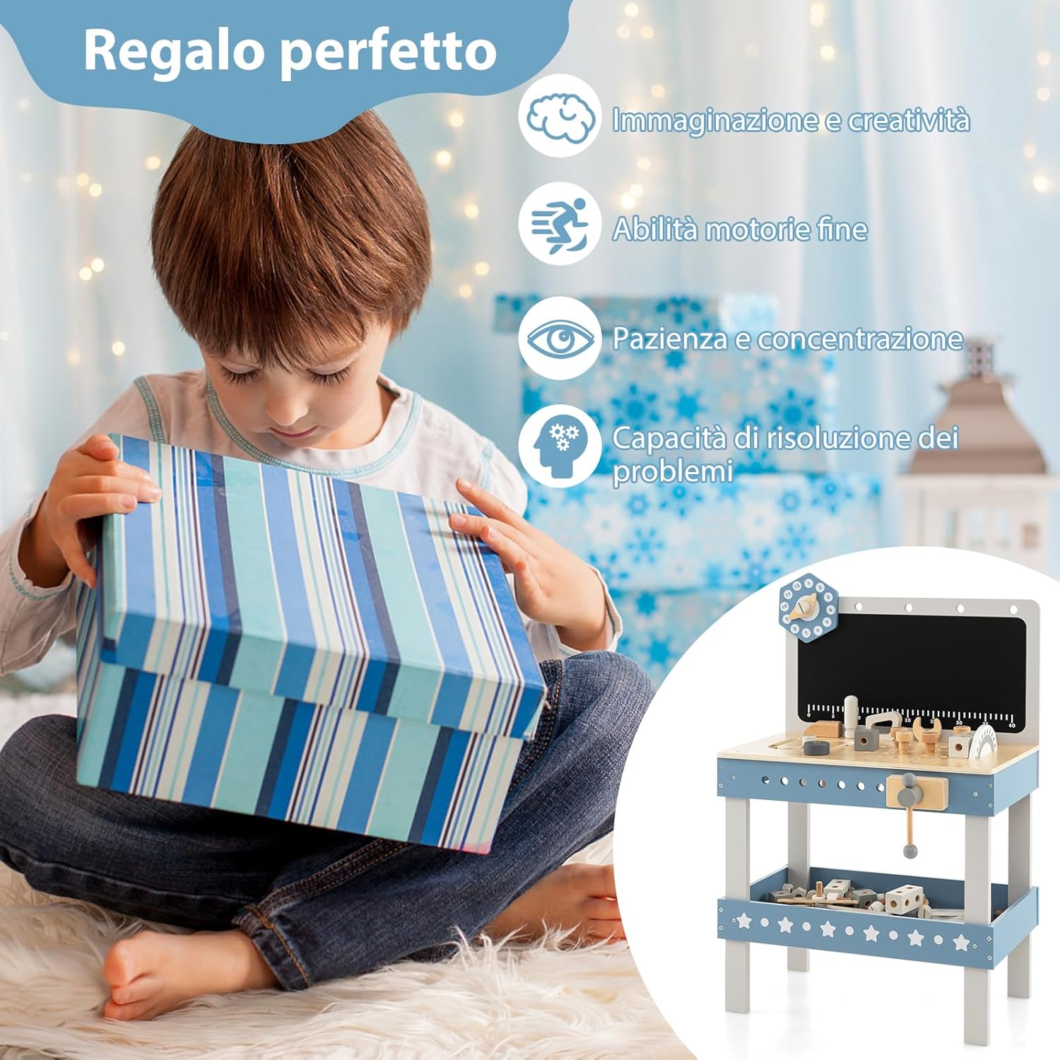 Set Banco da Lavoro per Bambini, Tavolo da Lavoro per Bambini in Legno con 61 Attrezzi e Parti, Giochi Costruzione Educativi, per Bambini 3-5 Anni