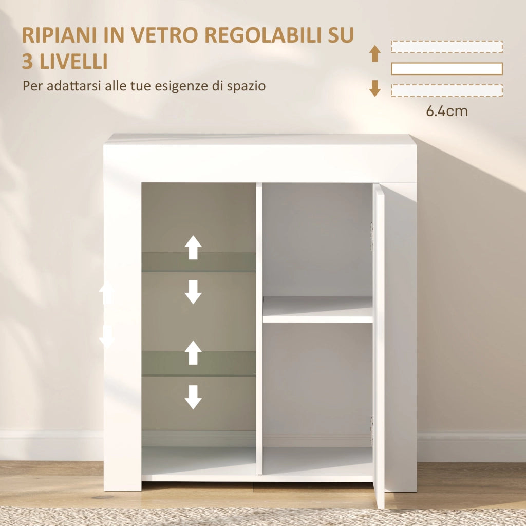 Mobile Contenitore a LED 75x40,1x83 cm 3 Ripiani Aperti e Armadietto in Legno e Vetro Bianco