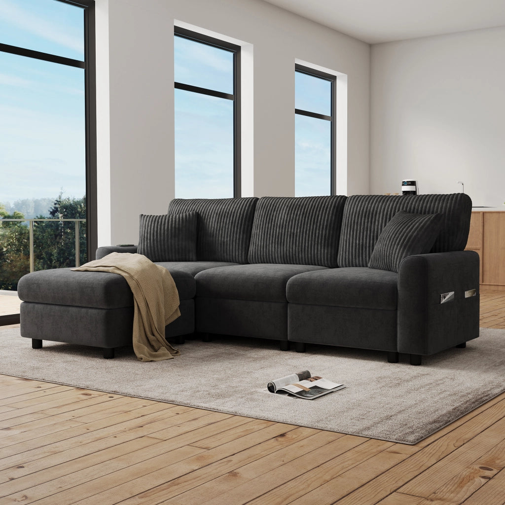 Divano in ciniglia e velluto a coste grigio con pouf mobile cuscini e porte USB e Type-C 84 × 223 × 146 cm