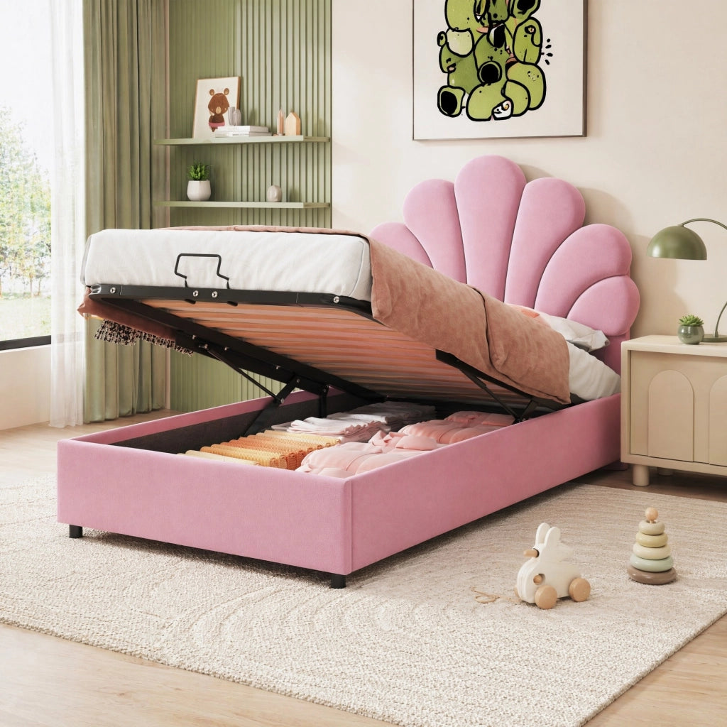 Letto imbottito 90x200 cm rosa con contenitore idraulico