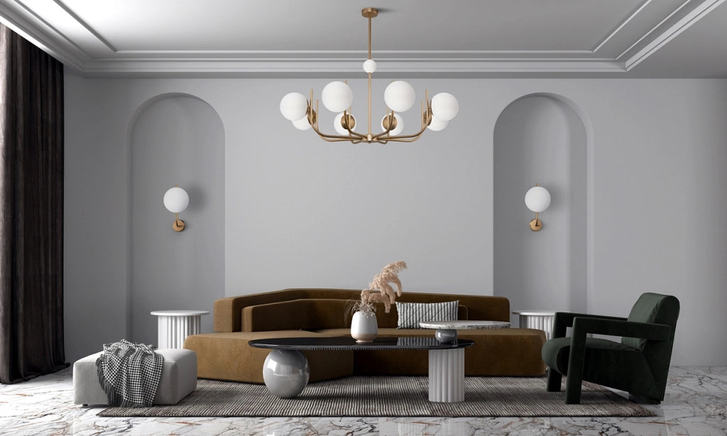 Lampadario ottone e sfere bianche 8 luci Maytoni Rendez-vous