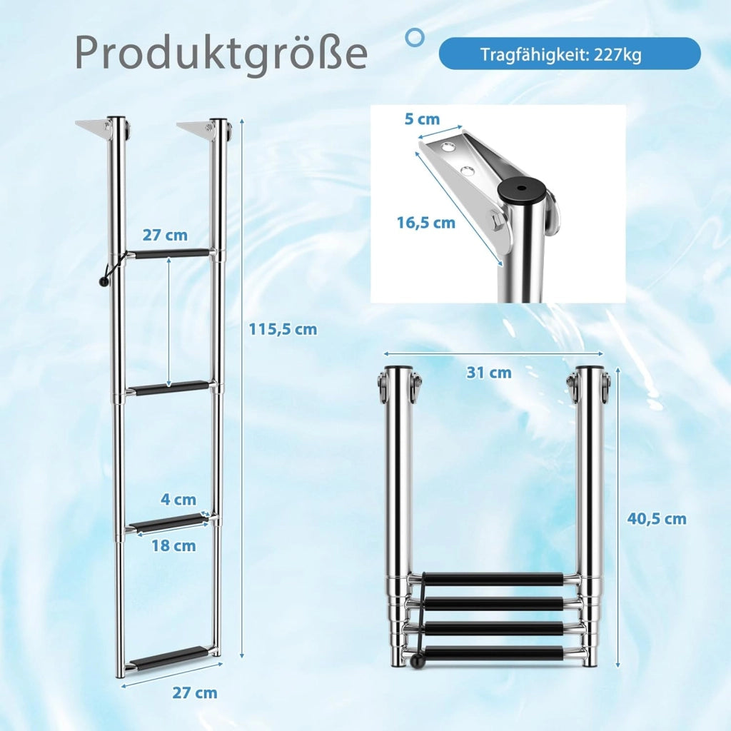 Scaletta Telescopica in Acciaio Inossidabile, Scala Piscina Fuori Terra a 4 Gradini Antiscivolo, Portata Massima 227 KG, per Piscina, Barca, Ponti, Pontile Galleggiante