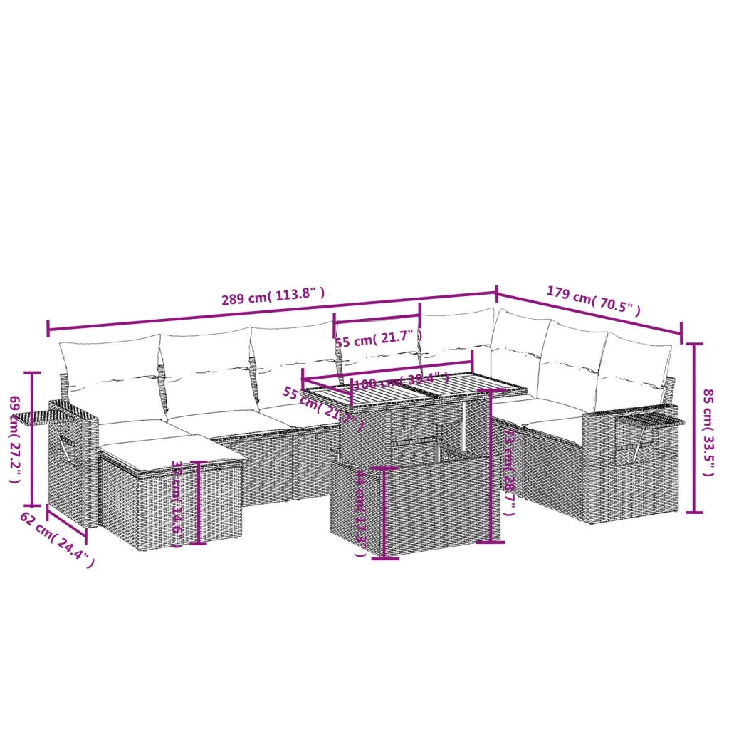 Set Divani da Giardino 9 pz con Cuscini Nero in Polyrattan 3271889