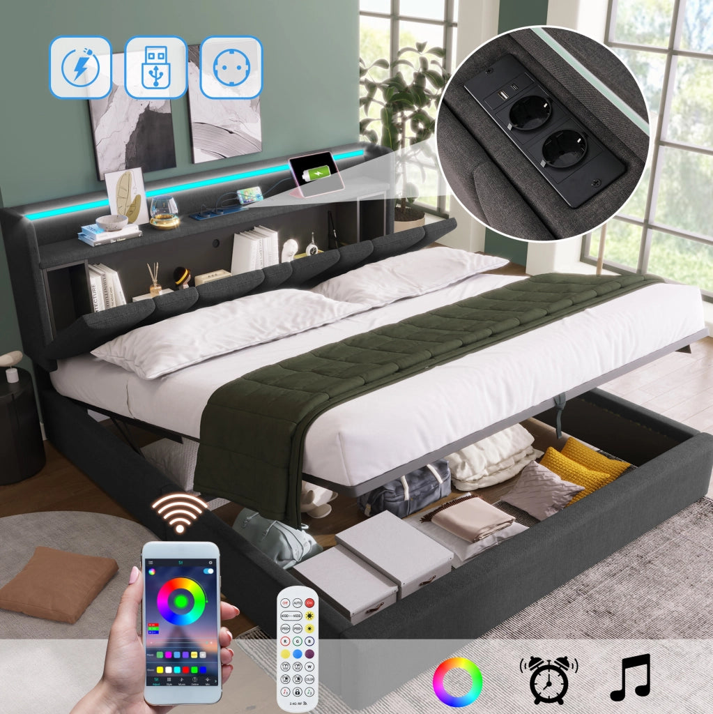 Letto imbottito 140 x 200 cm grigio con testiera contenitore, LED e ricarica USB