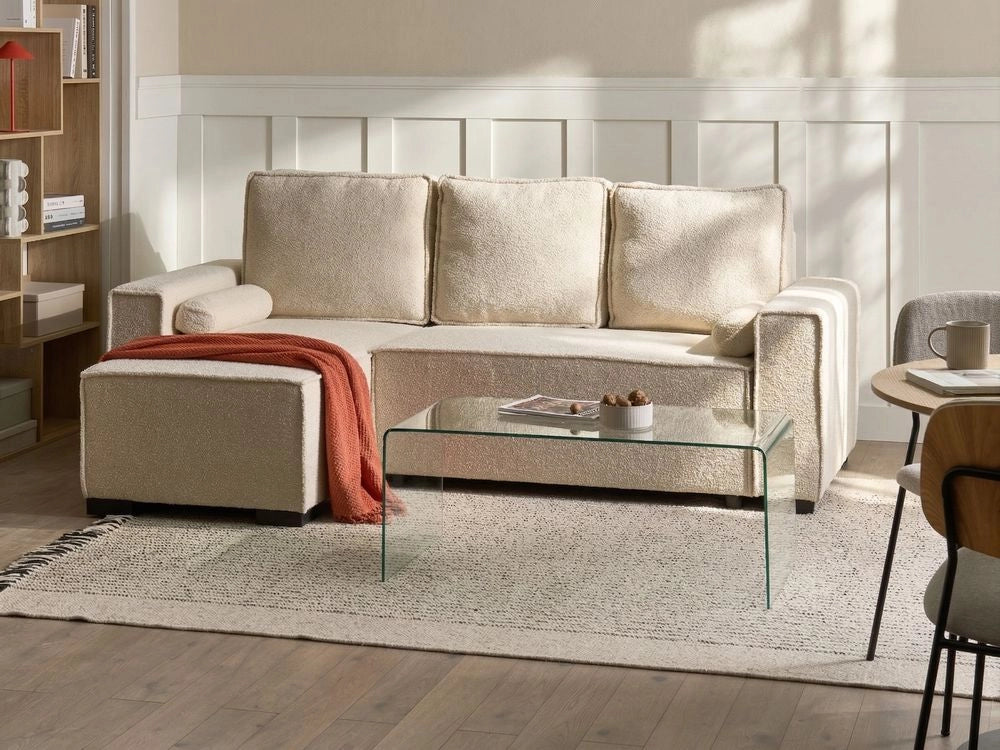 Divano letto angolare a 3 posti rivestimento in bouclé verde chiaro a destra con braccioli contenitori reversibile stile moderno per soggiorno
