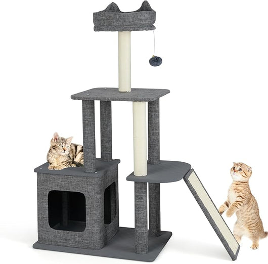 Tiragraffi per Gatto Alto 117 cm, Albero Tiragraffi Gatto con 5 Piattaforme, 2 Pali Sisal e Pallina Pompon, Torre Tiragraffi per Gatti con Grotta e Trespolo, Grigio