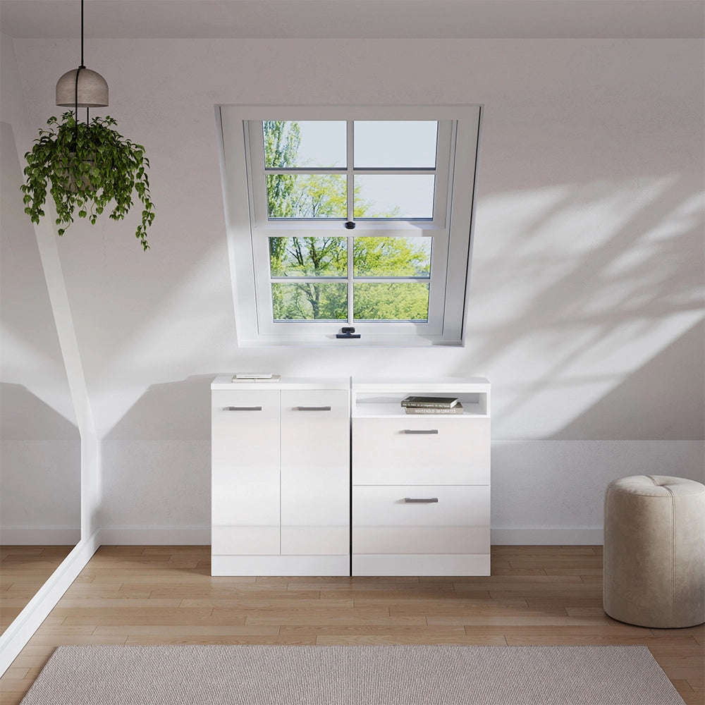 Set di mobili sottotetto Rion Bianco lucido/Bianco 120 cm Set di 2 carcasse armadio profondità 60 cm Vicco