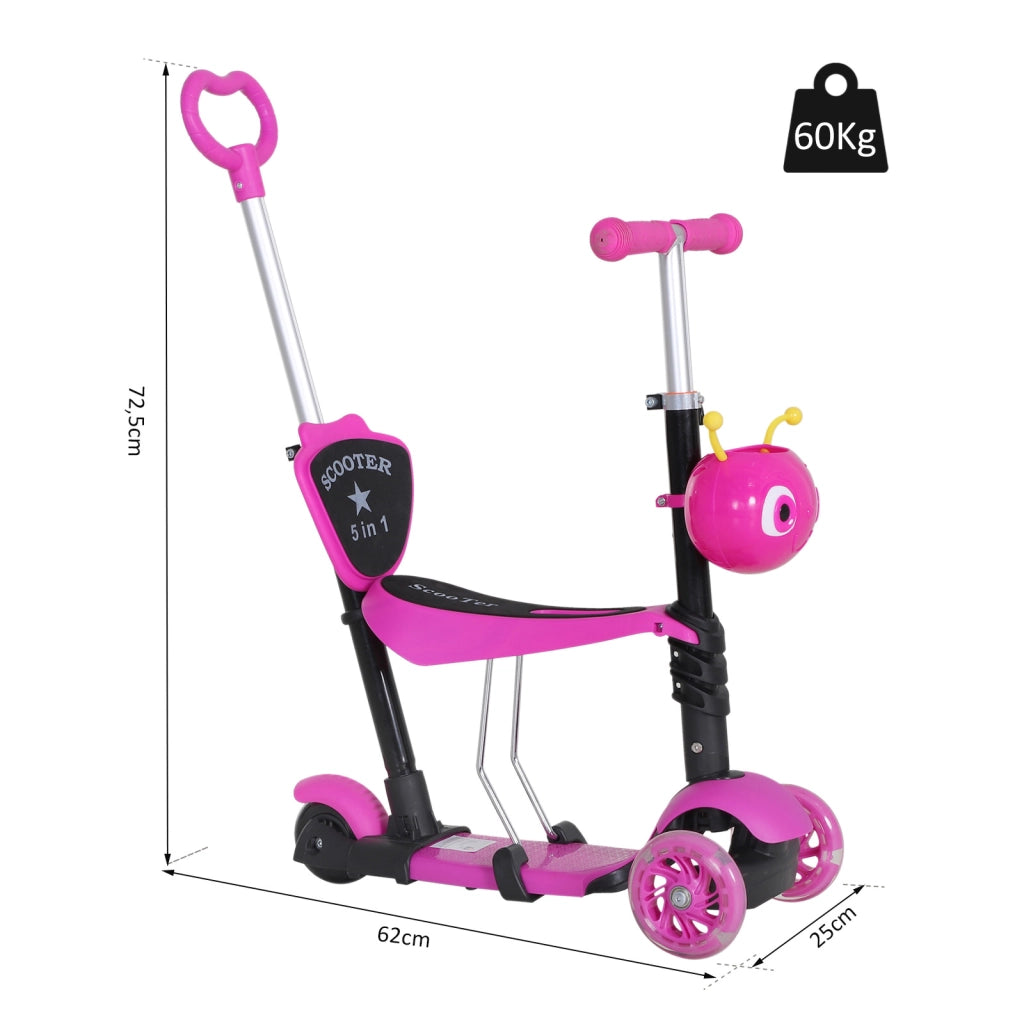 Patinete 3 in 1 per Bambini con Sedile Estraibile e Maniglia ¨C zephmum ¨C Rosa 62x25x72,5 cm