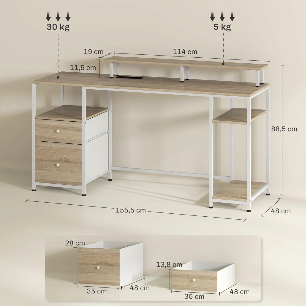 Scrivania Gaming con LED Cassetti USB e Supporto Monitor ¨C Xylo ¨C Legno Naturale 155x48x88 cm