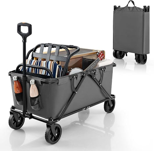 Carrello da Spiaggia Pieghevole, Carrello da Campeggio con Maniglia Regolabile e 360Â° Ruote, Portabottiglie e Tasca Portaoggetti, 170L, per Campeggio, Spiaggia e Giardino (Grigio)