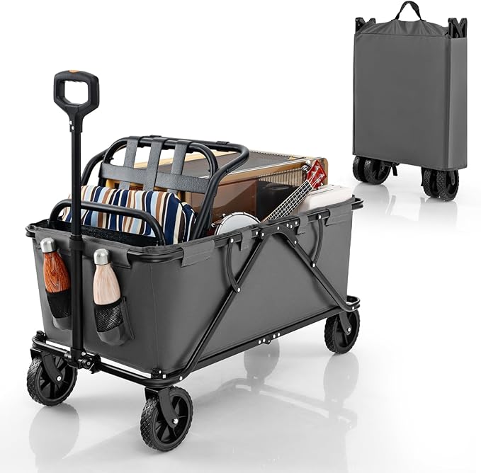 Carrello da Spiaggia Pieghevole, Carrello da Campeggio con Maniglia Regolabile e 360Â° Ruote, Portabottiglie e Tasca Portaoggetti, 170L, per Campeggio, Spiaggia e Giardino (Grigio)