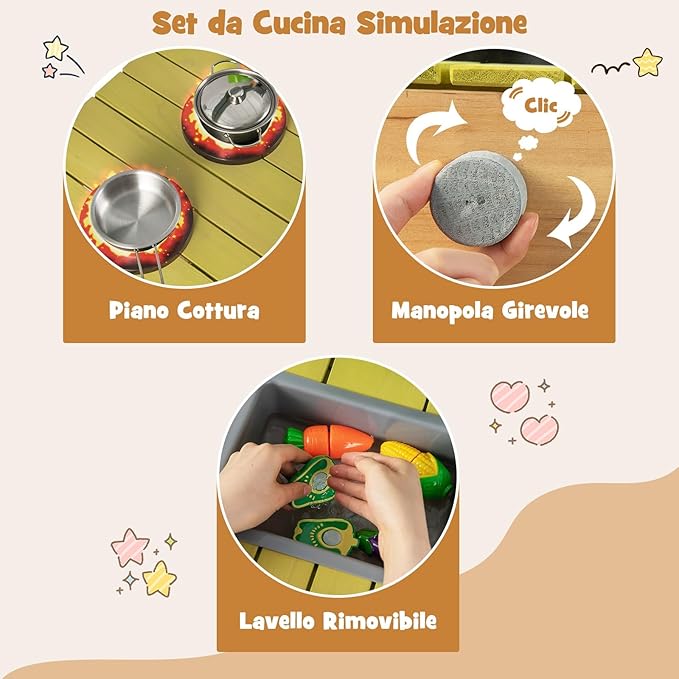 Cucina Giocattolo in Legno, Cucina per Bambini in Legno con Ganci Appendibili, 2 Fornelli, Lavello Rimovibile e Scaffali Aperti, Set da Giocattolo per Bambini 3+ Anni