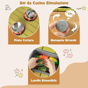 Cucina Giocattolo in Legno, Cucina per Bambini in Legno con Ganci Appendibili, 2 Fornelli, Lavello Rimovibile e Scaffali Aperti, Set da Giocattolo per Bambini 3+ Anni