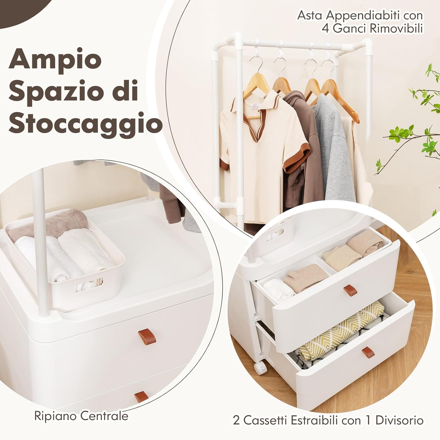Appendiabiti con 2 Cassetti e Ruote Bloccabili, stand appendiabiti con 4 Ganci Rimovibili e Ripiani di Stoccaggio, Per Ingresso Camera da Letto Spogliatoio, 52x40x161 cm
